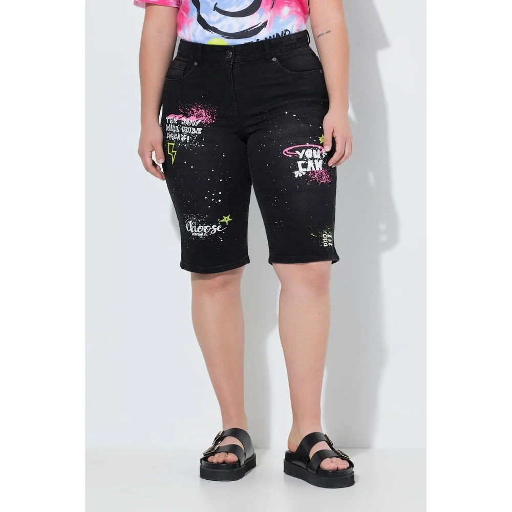 NWT Angel of Style‎ Black Graffiti Print Denim Bermuda Shorts Size 26 X123